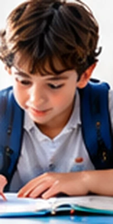 Defterine yazı yazan okul çantalı bir çocuk