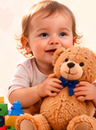 Oyuncak ayısına sarılmış gülümseyen bir bebek