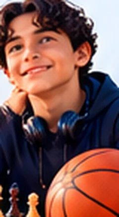 Basketbol topu ve satranç takımıyla gülümseyen bir genç