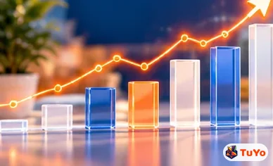 Yükselen cam çubuklardan oluşan grafik ve turuncu bir eğilim çizgisi