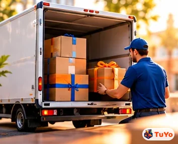 Kargo aracına hediye paketleri yükleyen bir görevli