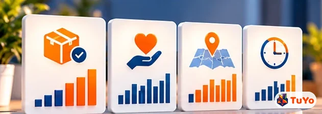 Paket, kalp, harita ve saat simgeli dört gösterge kartı illüstrasyonu