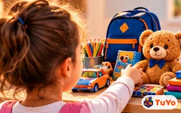 Bir kız çocuğu masadaki oyuncak ayı, okul çantası ve kalemler arasından seçim yapıyor