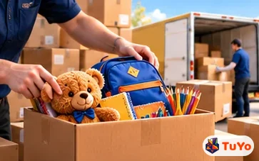 Tedarikçi oyuncak ayı ve okul çantasını kargo kutusuna yerleştiriyor