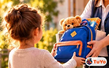 Muhtar, okul çantası ve oyuncak ayıyı çocuğa teslim ediyor