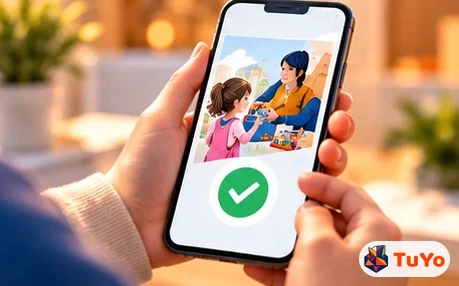 Destekçi telefonunda teslimin çizgi roman tarzı görselini ve onay işaretini görüyor